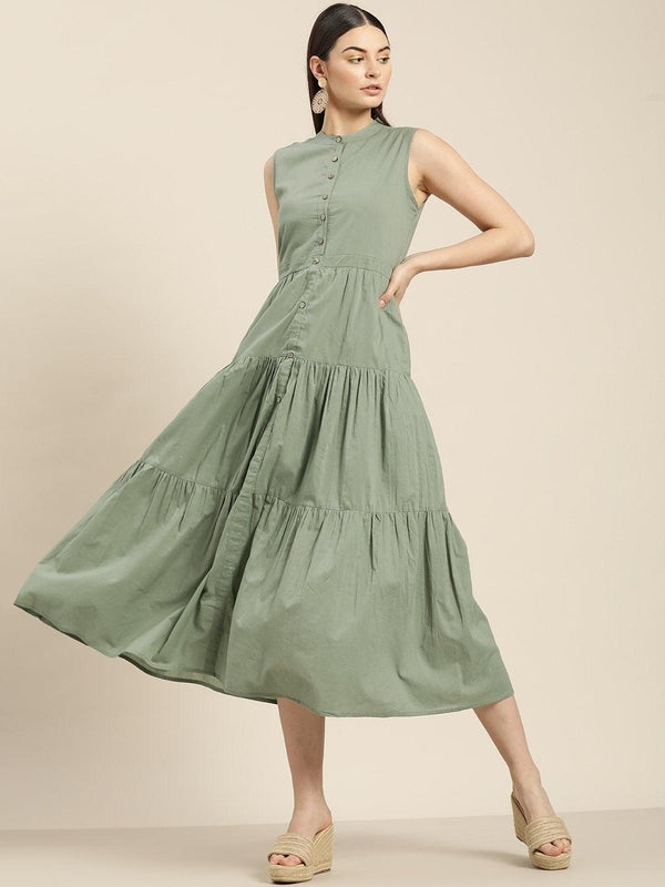 Women's Olive Sleeveless Tiered Dress - SASSAFRAS - Indiakreations