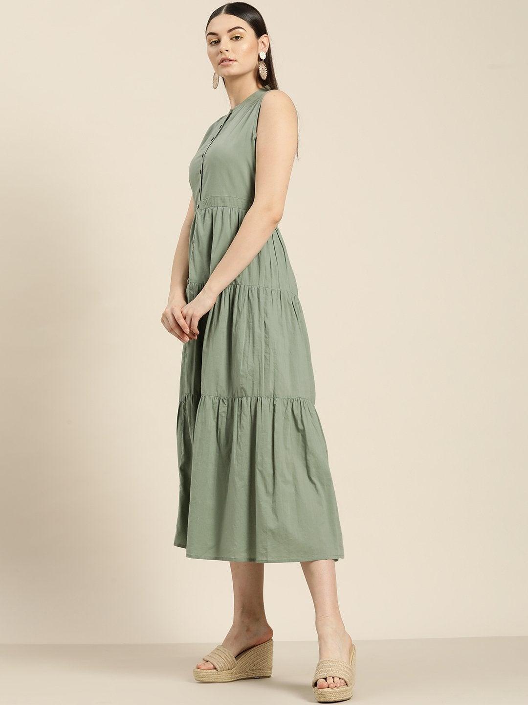 Women's Olive Sleeveless Tiered Dress - SASSAFRAS - Indiakreations