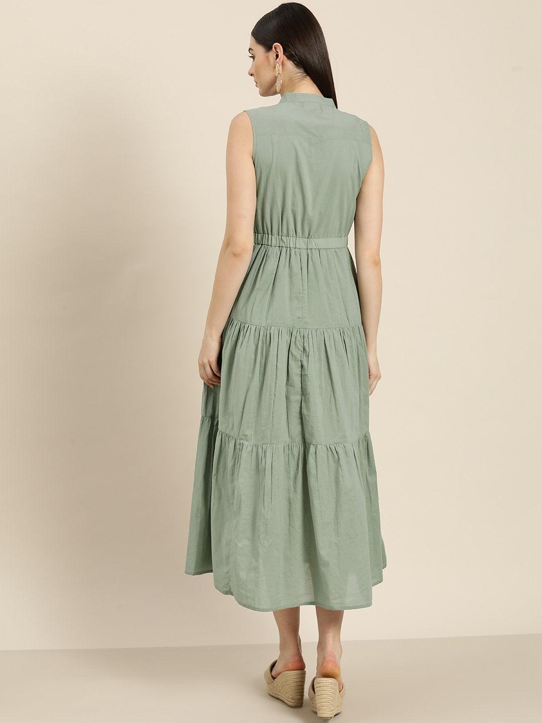 Women's Olive Sleeveless Tiered Dress - SASSAFRAS - Indiakreations