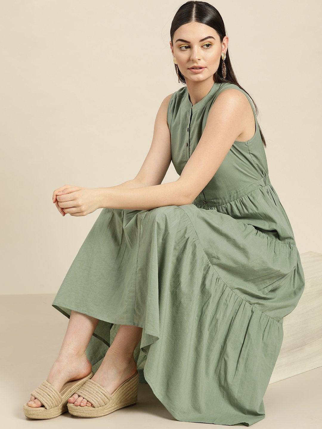 Women's Olive Sleeveless Tiered Dress - SASSAFRAS - Indiakreations