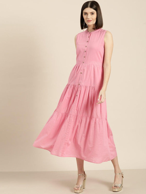 Women's Pink Sleeveless Tiered Dress - SASSAFRAS - Indiakreations