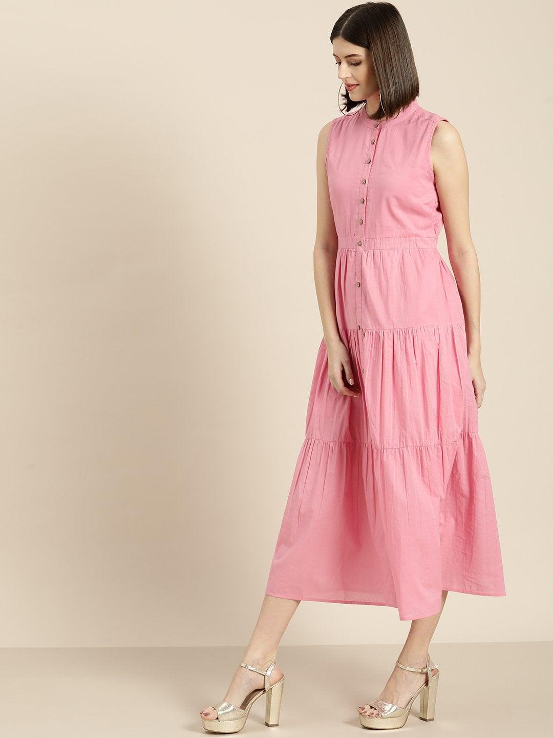 Women's Pink Sleeveless Tiered Dress - SASSAFRAS - Indiakreations