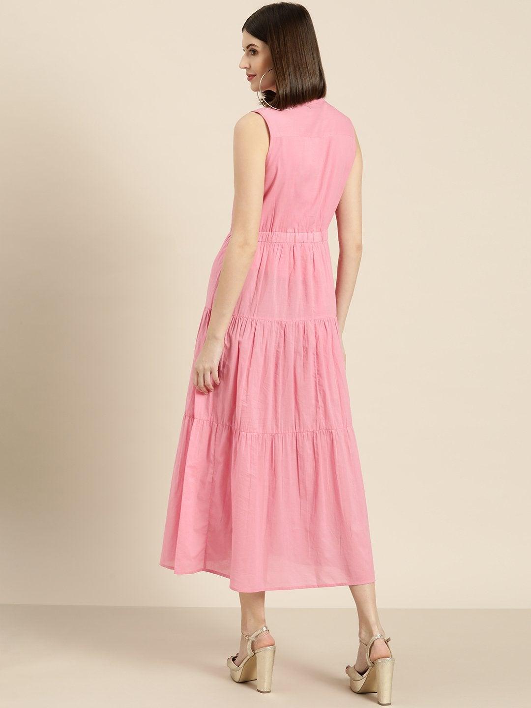 Women's Pink Sleeveless Tiered Dress - SASSAFRAS - Indiakreations