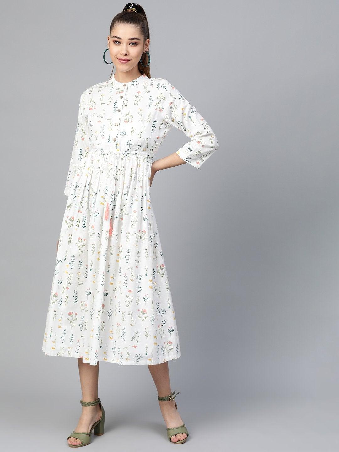 Women's White Floral Drawstring Dress - SASSAFRAS - Indiakreations