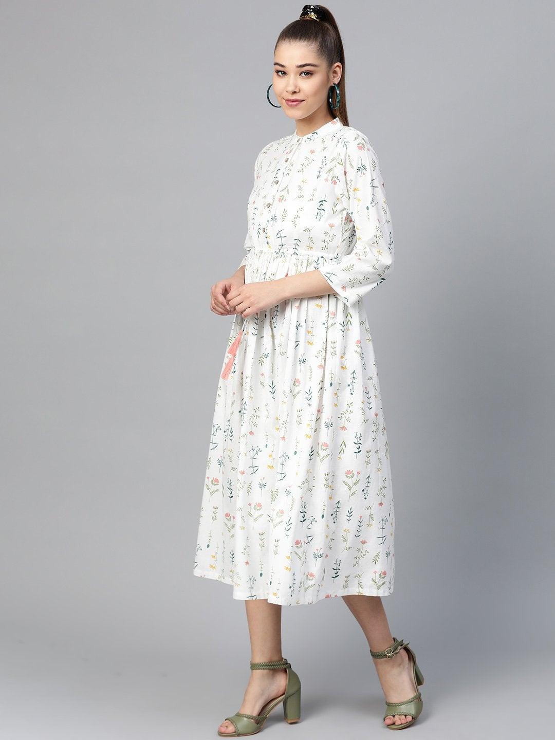 Women's White Floral Drawstring Dress - SASSAFRAS - Indiakreations