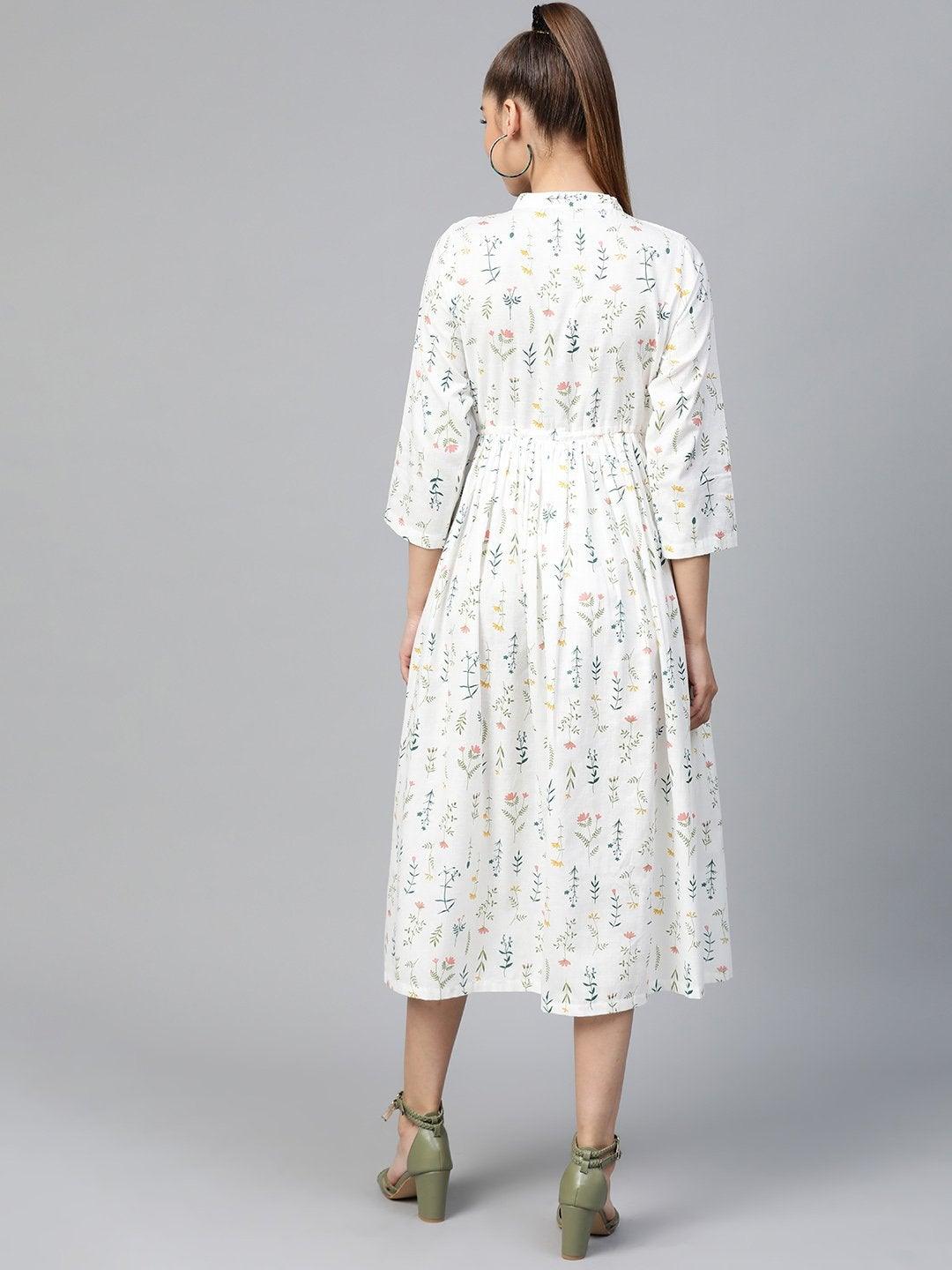 Women's White Floral Drawstring Dress - SASSAFRAS - Indiakreations