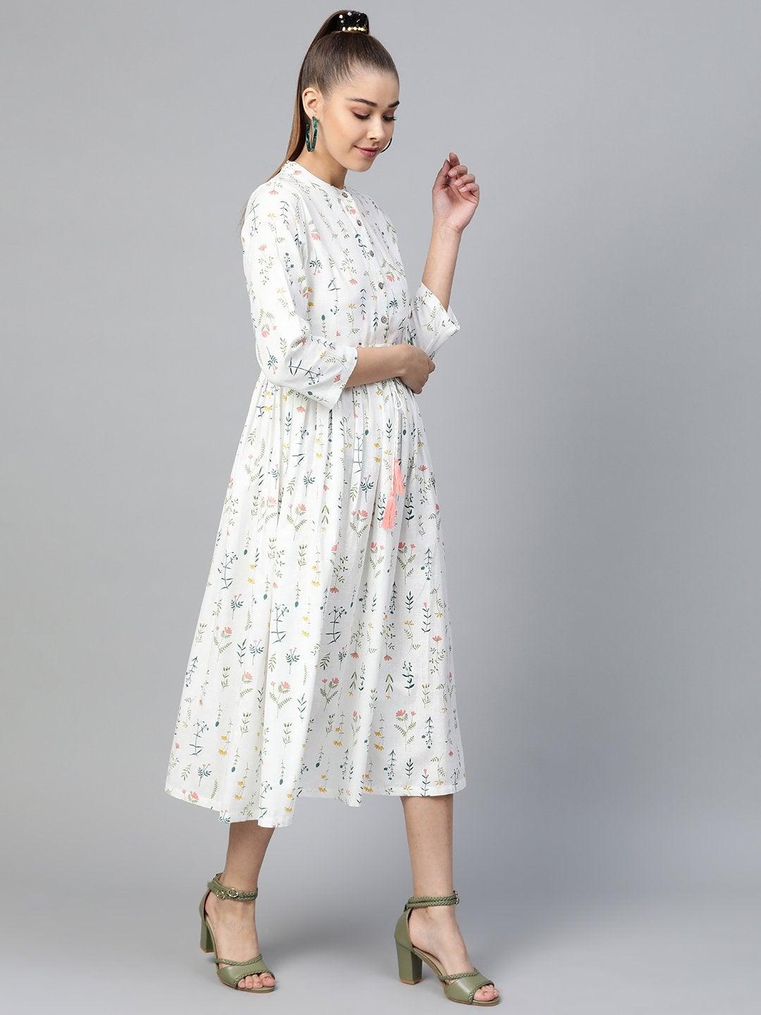 Women's White Floral Drawstring Dress - SASSAFRAS - Indiakreations