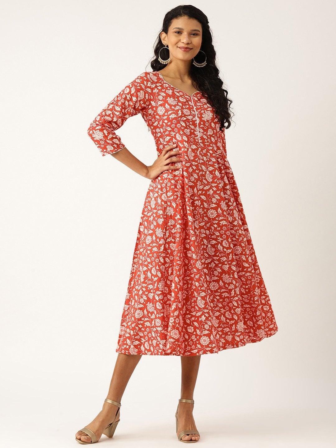 Women's Red Floral Sweetheart Neck Flared Midi Dress - SASSAFRAS - Indiakreations