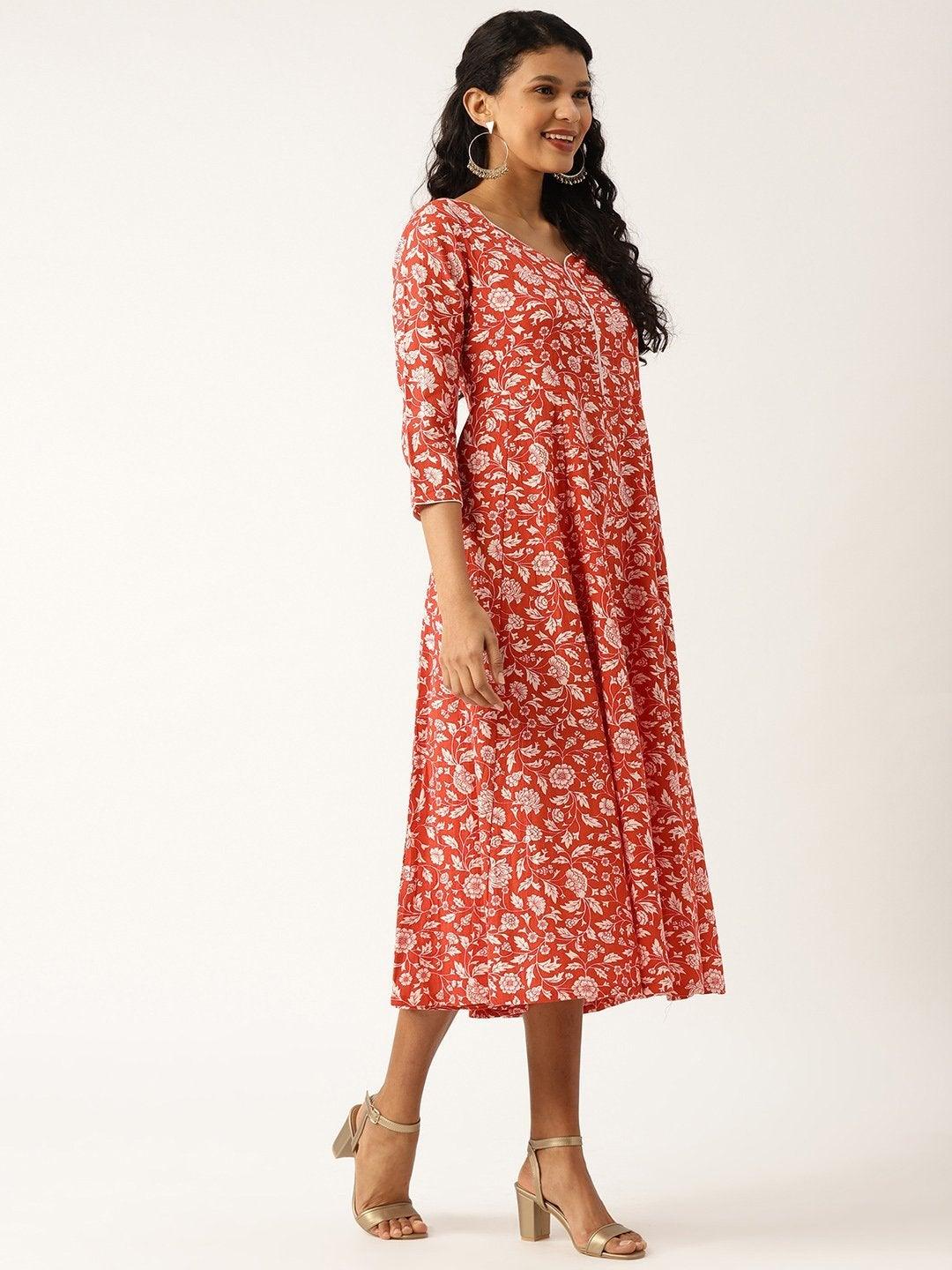 Women's Red Floral Sweetheart Neck Flared Midi Dress - SASSAFRAS - Indiakreations