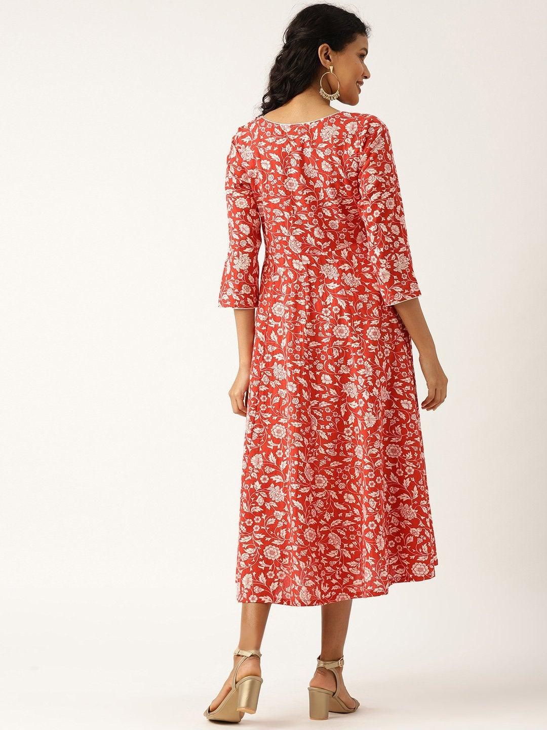 Women's Red Floral Sweetheart Neck Flared Midi Dress - SASSAFRAS - Indiakreations