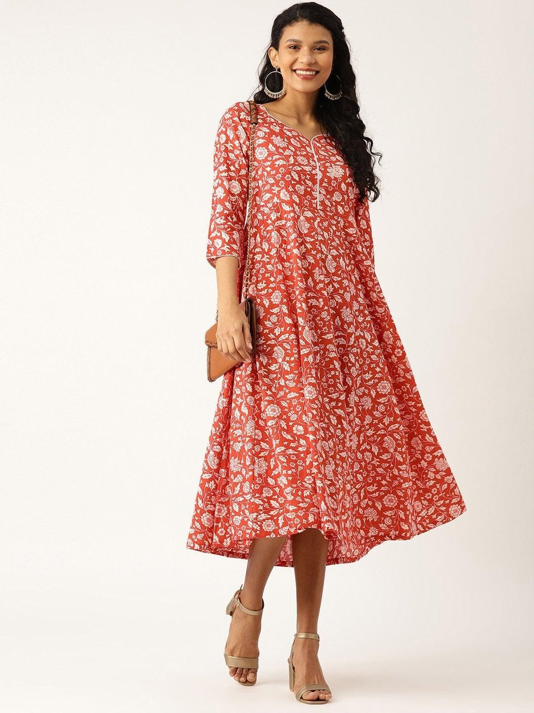 Women's Red Floral Sweetheart Neck Flared Midi Dress - SASSAFRAS - Indiakreations