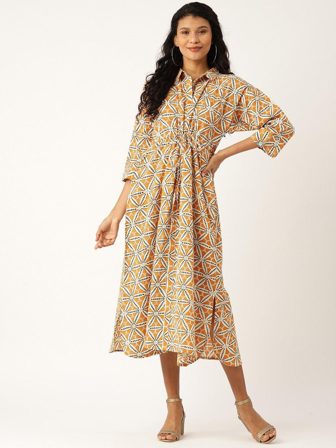 Women's Mustard Floral Kaftan Midi Dress - SASSAFRAS - Indiakreations