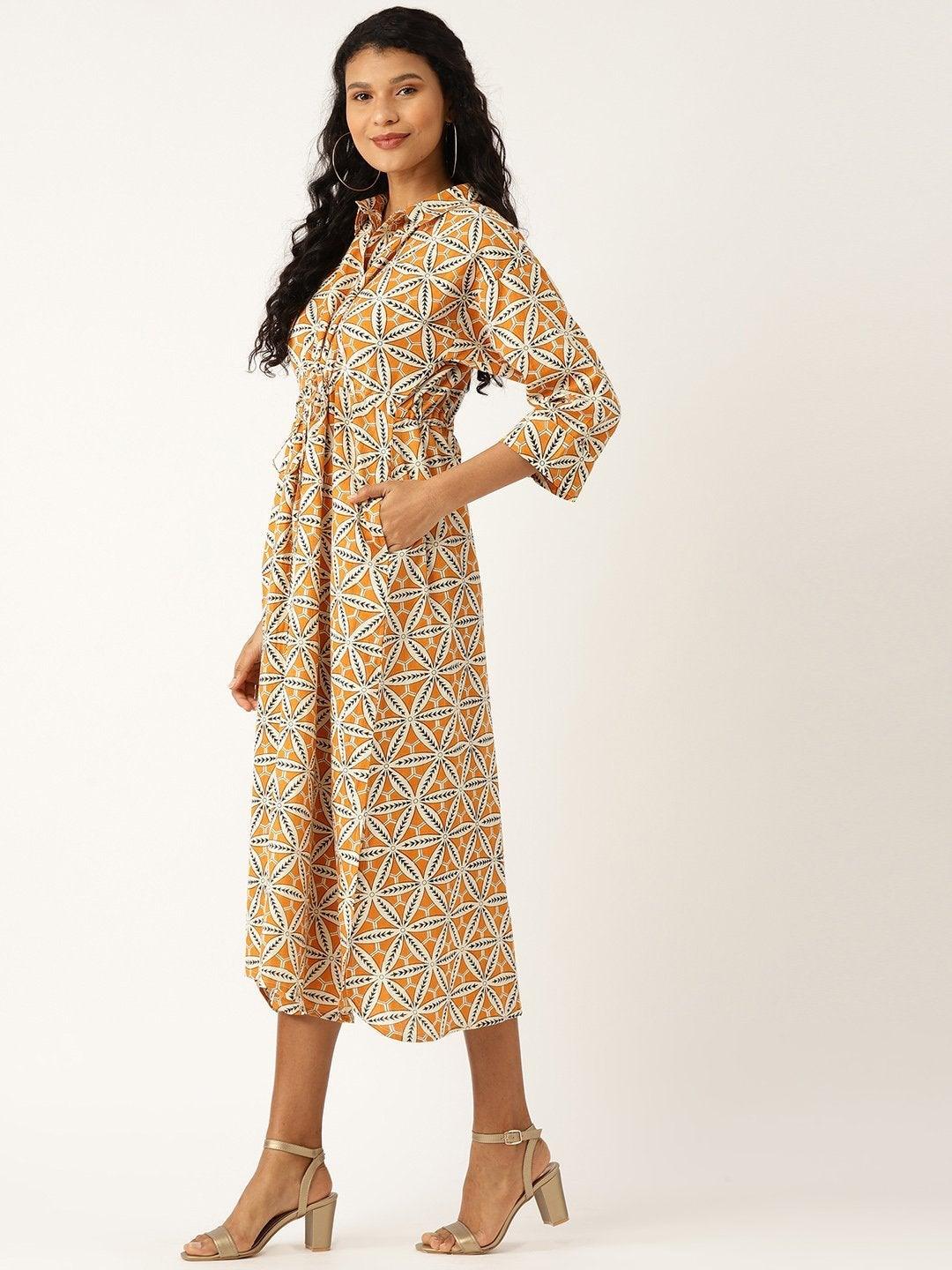 Women's Mustard Floral Kaftan Midi Dress - SASSAFRAS - Indiakreations