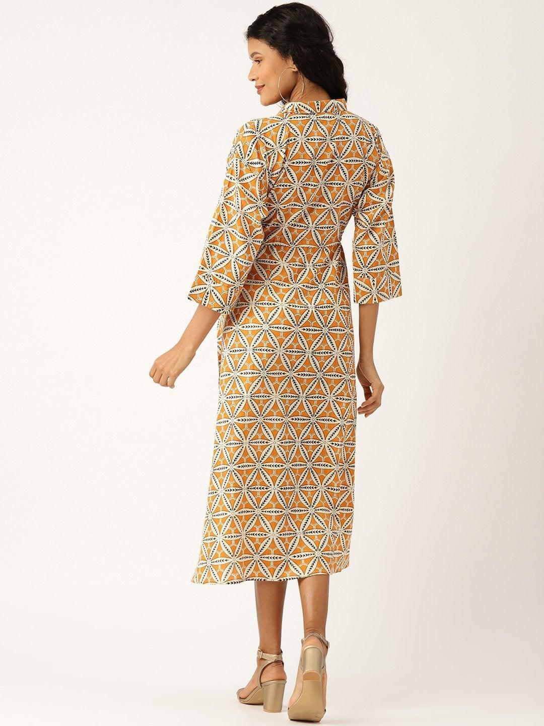 Women's Mustard Floral Kaftan Midi Dress - SASSAFRAS - Indiakreations