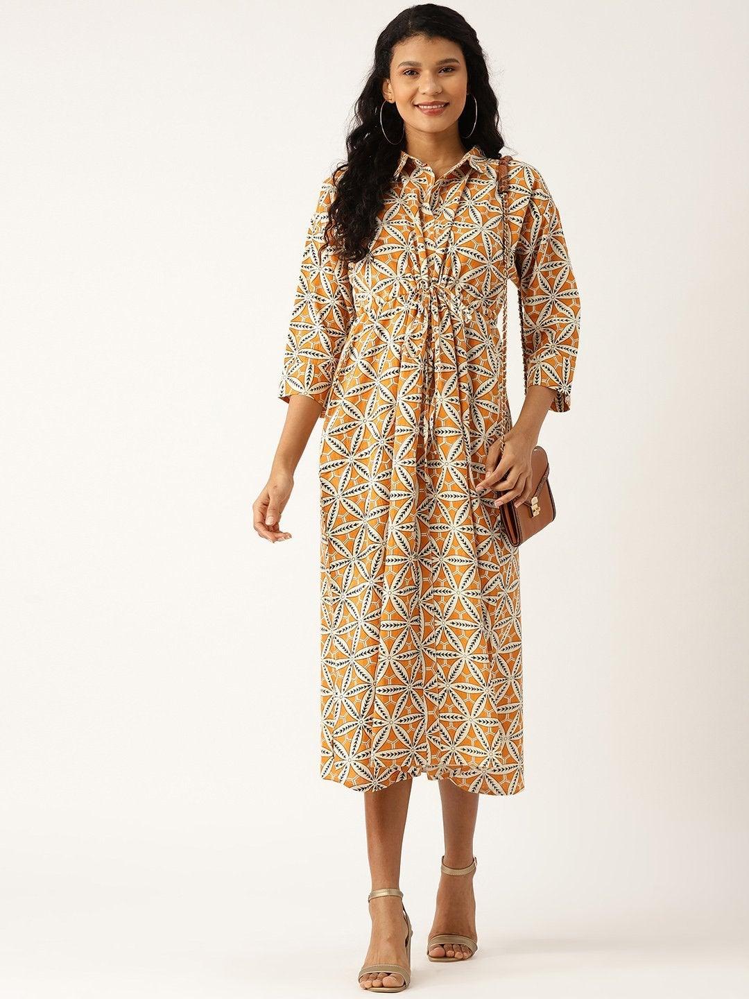 Women's Mustard Floral Kaftan Midi Dress - SASSAFRAS - Indiakreations