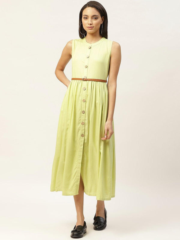 Women's Lime Green Sleeveless Gathered Dress - SASSAFRAS - Indiakreations