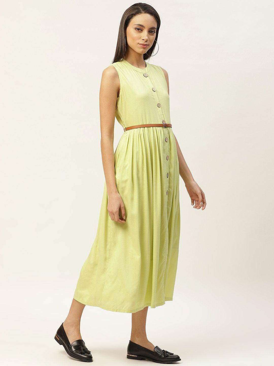 Women's Lime Green Sleeveless Gathered Dress - SASSAFRAS - Indiakreations