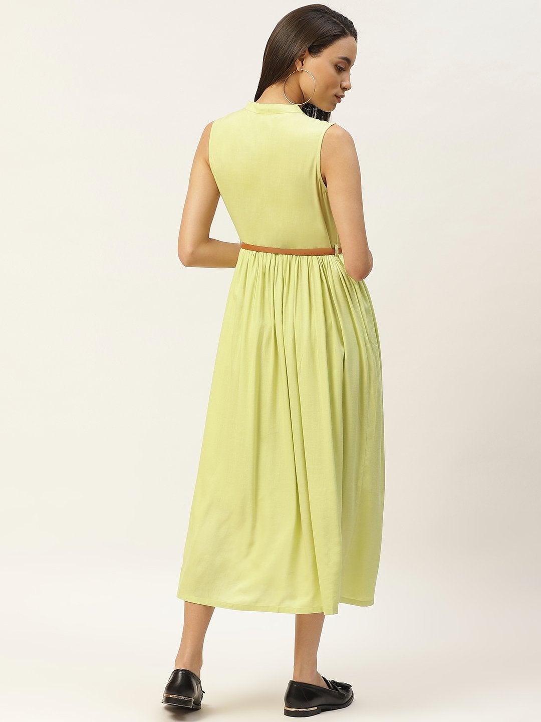 Women's Lime Green Sleeveless Gathered Dress - SASSAFRAS - Indiakreations