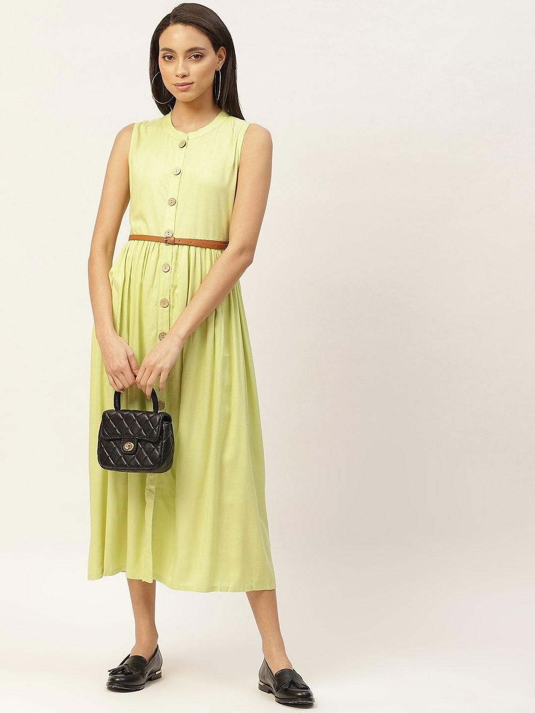 Women's Lime Green Sleeveless Gathered Dress - SASSAFRAS - Indiakreations