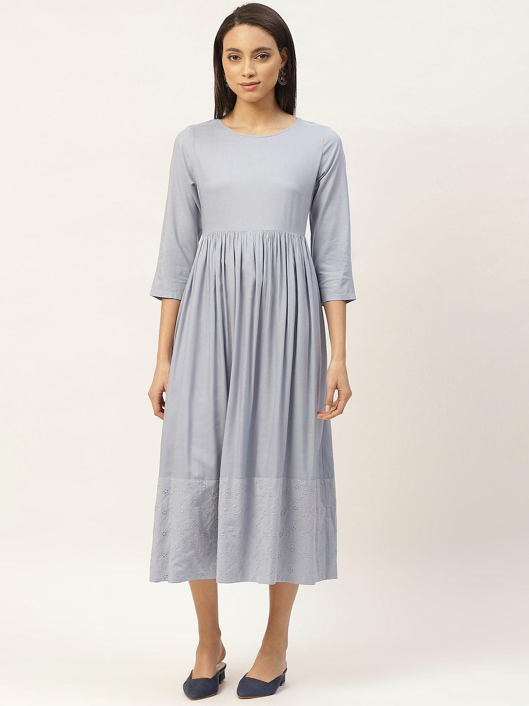 Women's Grey Schiffli Gathered Midi Dress - SASSAFRAS - Indiakreations