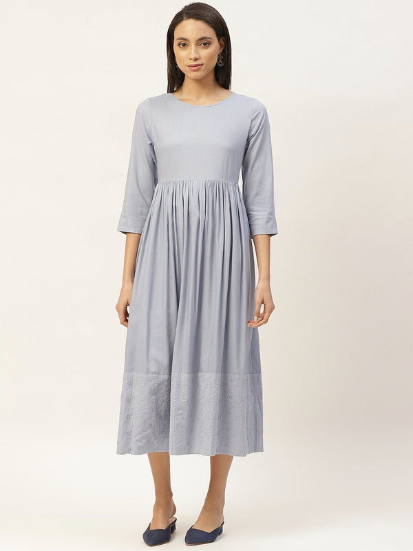 Women's Grey Schiffli Gathered Midi Dress - SASSAFRAS