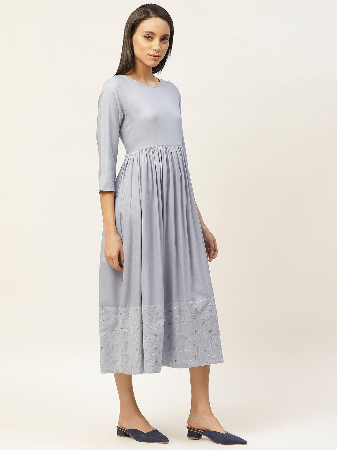 Women's Grey Schiffli Gathered Midi Dress - SASSAFRAS - Indiakreations