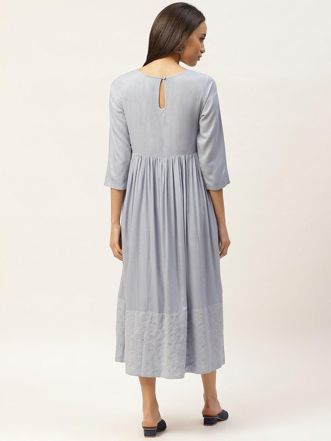 Women's Grey Schiffli Gathered Midi Dress - SASSAFRAS - Indiakreations