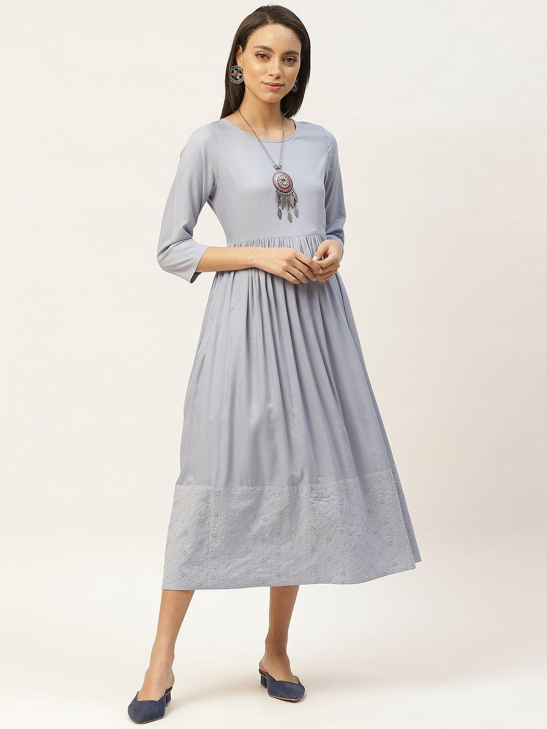 Women's Grey Schiffli Gathered Midi Dress - SASSAFRAS - Indiakreations