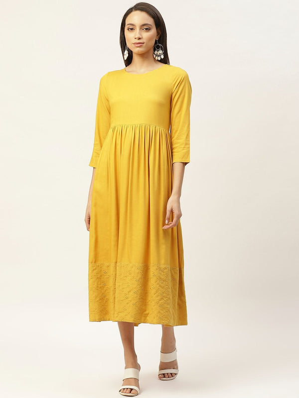 Women's Mustard Schiffli Gathered Midi Dress - SASSAFRAS