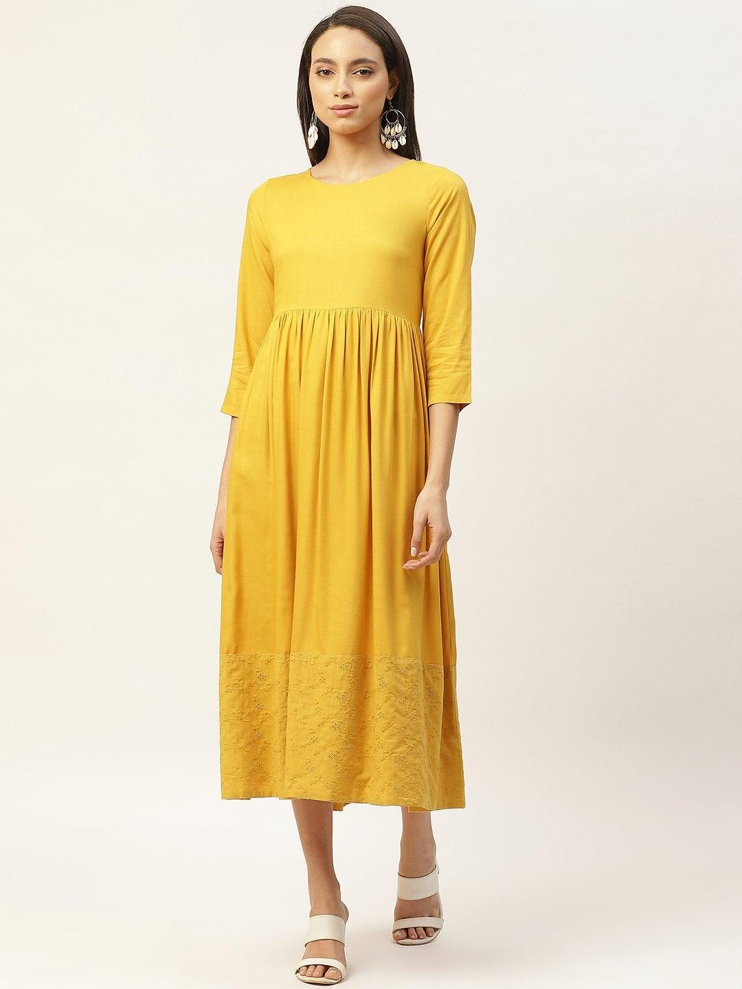 Women's Mustard Schiffli Gathered Midi Dress - SASSAFRAS - Indiakreations