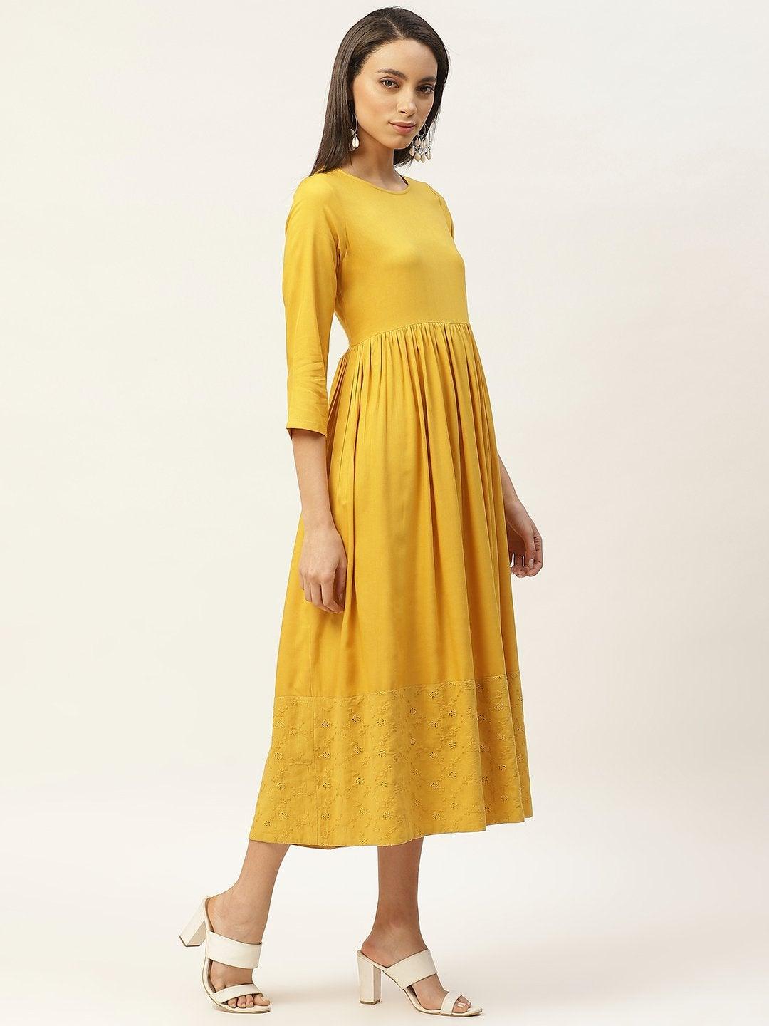 Women's Mustard Schiffli Gathered Midi Dress - SASSAFRAS - Indiakreations