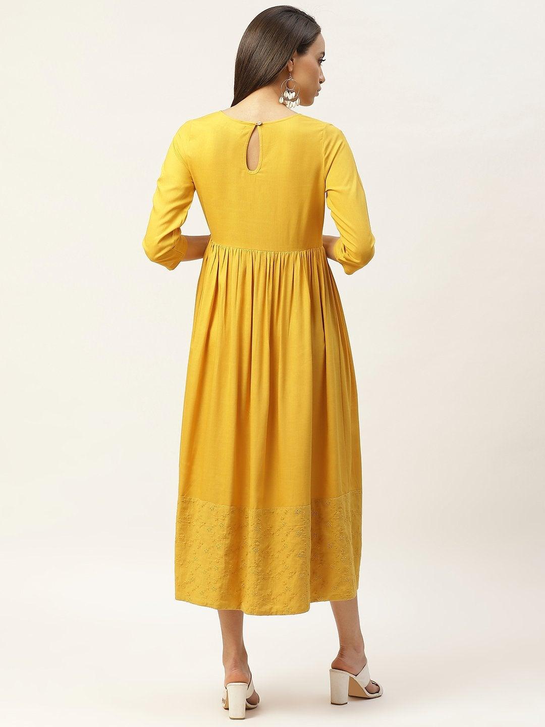 Women's Mustard Schiffli Gathered Midi Dress - SASSAFRAS - Indiakreations