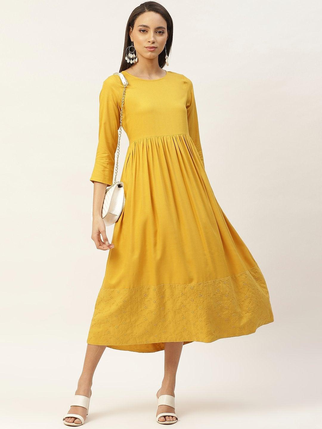 Women's Mustard Schiffli Gathered Midi Dress - SASSAFRAS - Indiakreations