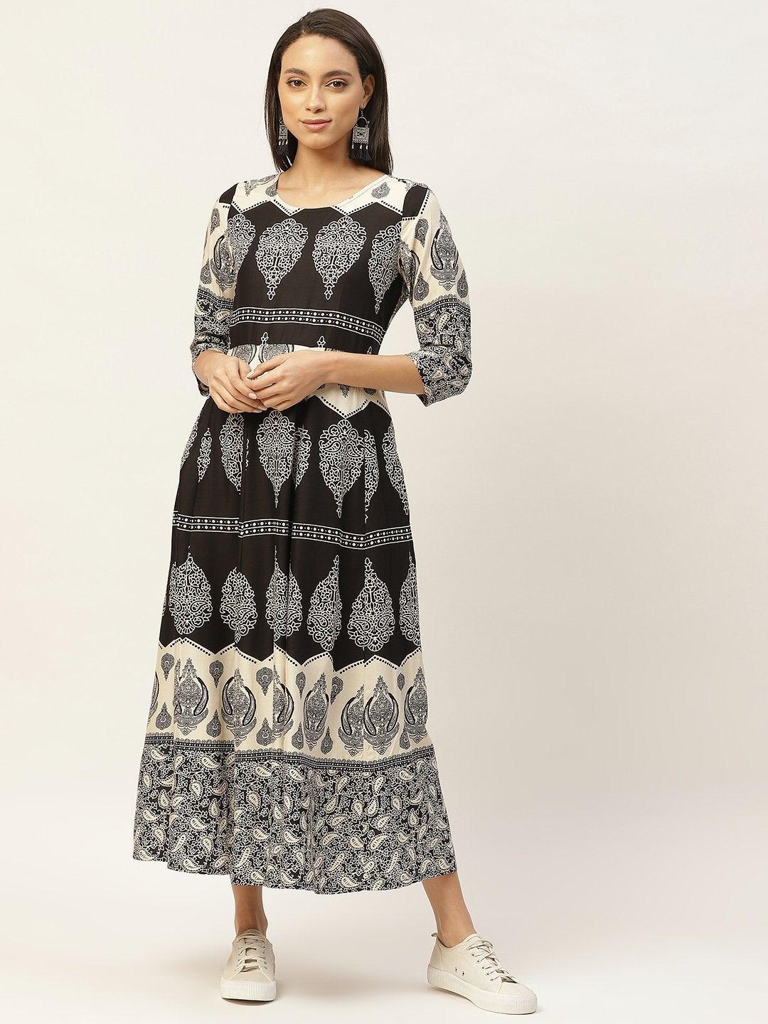 Women's Black Floral Anarkali Maxi Dress - SHAE - Indiakreations