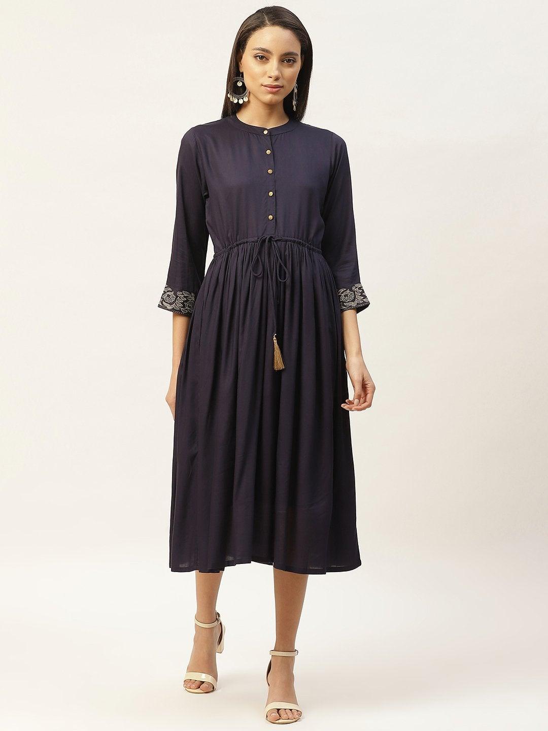 Women's Navy Zari Floral Embroidery Drawstring Dress - SASSAFRAS - Indiakreations