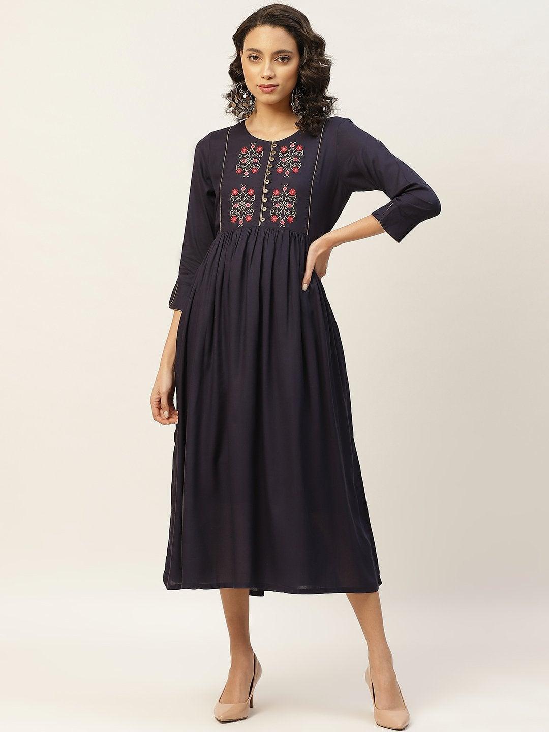 Women's Navy Floral Embroidery Gathered Dress - SASSAFRAS - Indiakreations