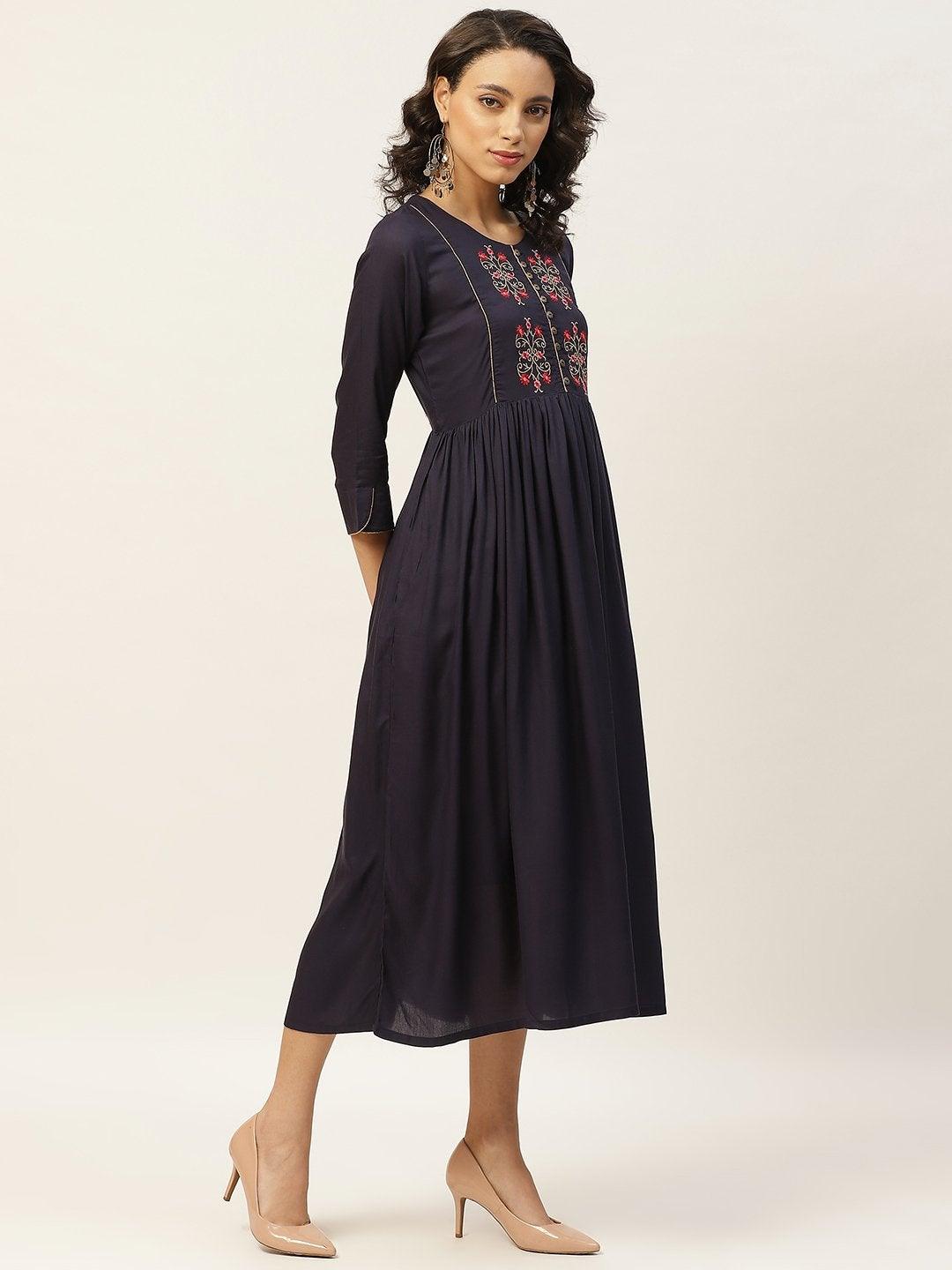 Women's Navy Floral Embroidery Gathered Dress - SASSAFRAS - Indiakreations