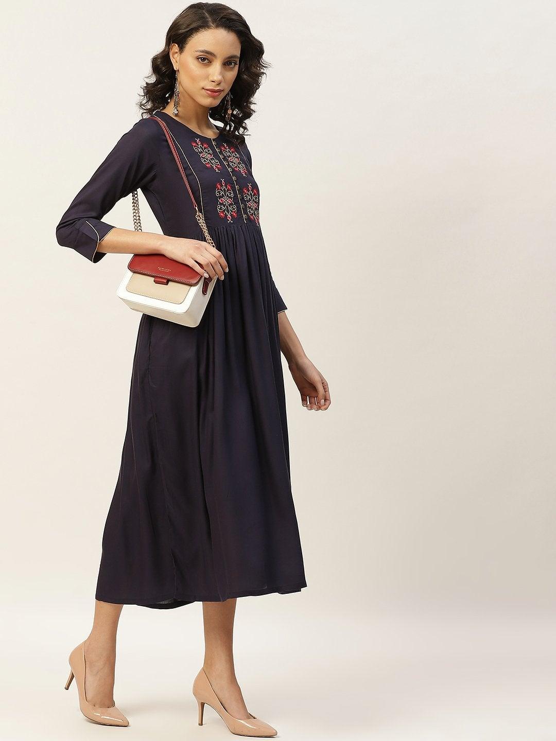 Women's Navy Floral Embroidery Gathered Dress - SASSAFRAS - Indiakreations