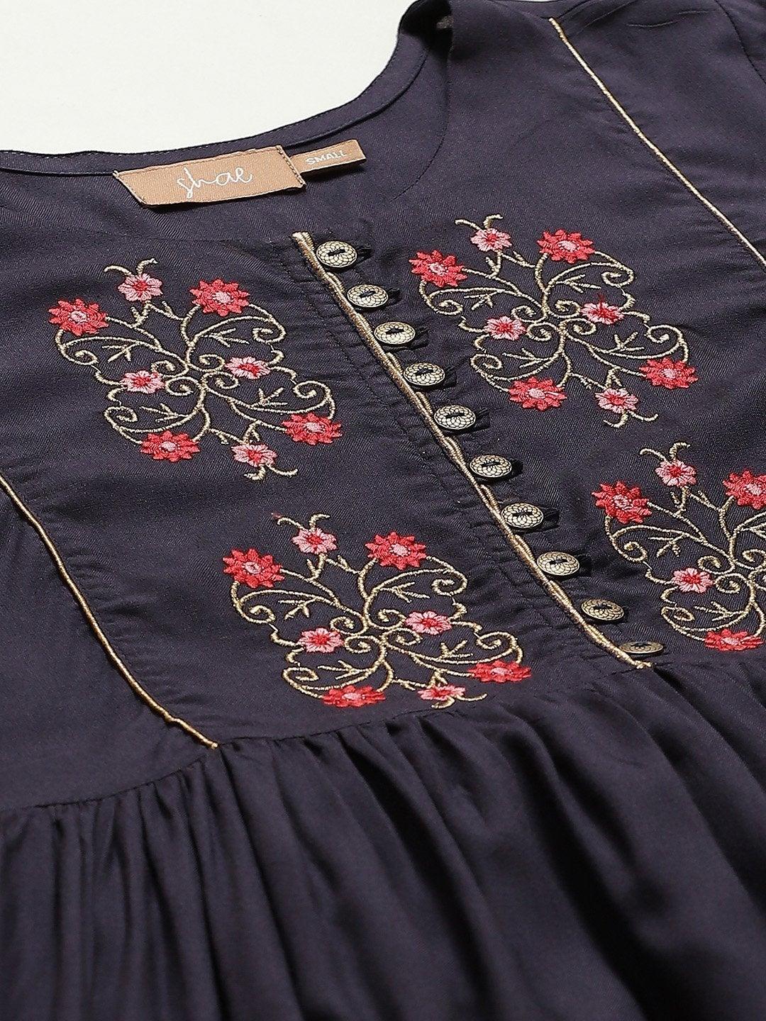 Women's Navy Floral Embroidery Gathered Dress - SASSAFRAS - Indiakreations