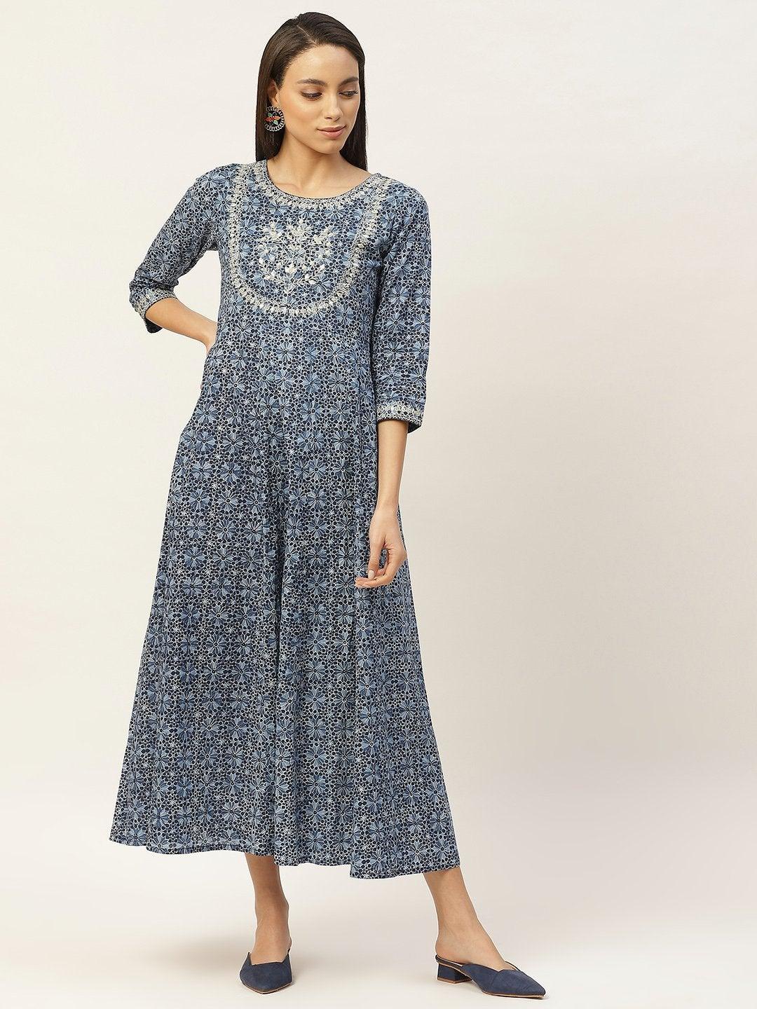 Women's Indigo Floral Zari Embroidery Anarkali Dress - SHAE - Indiakreations