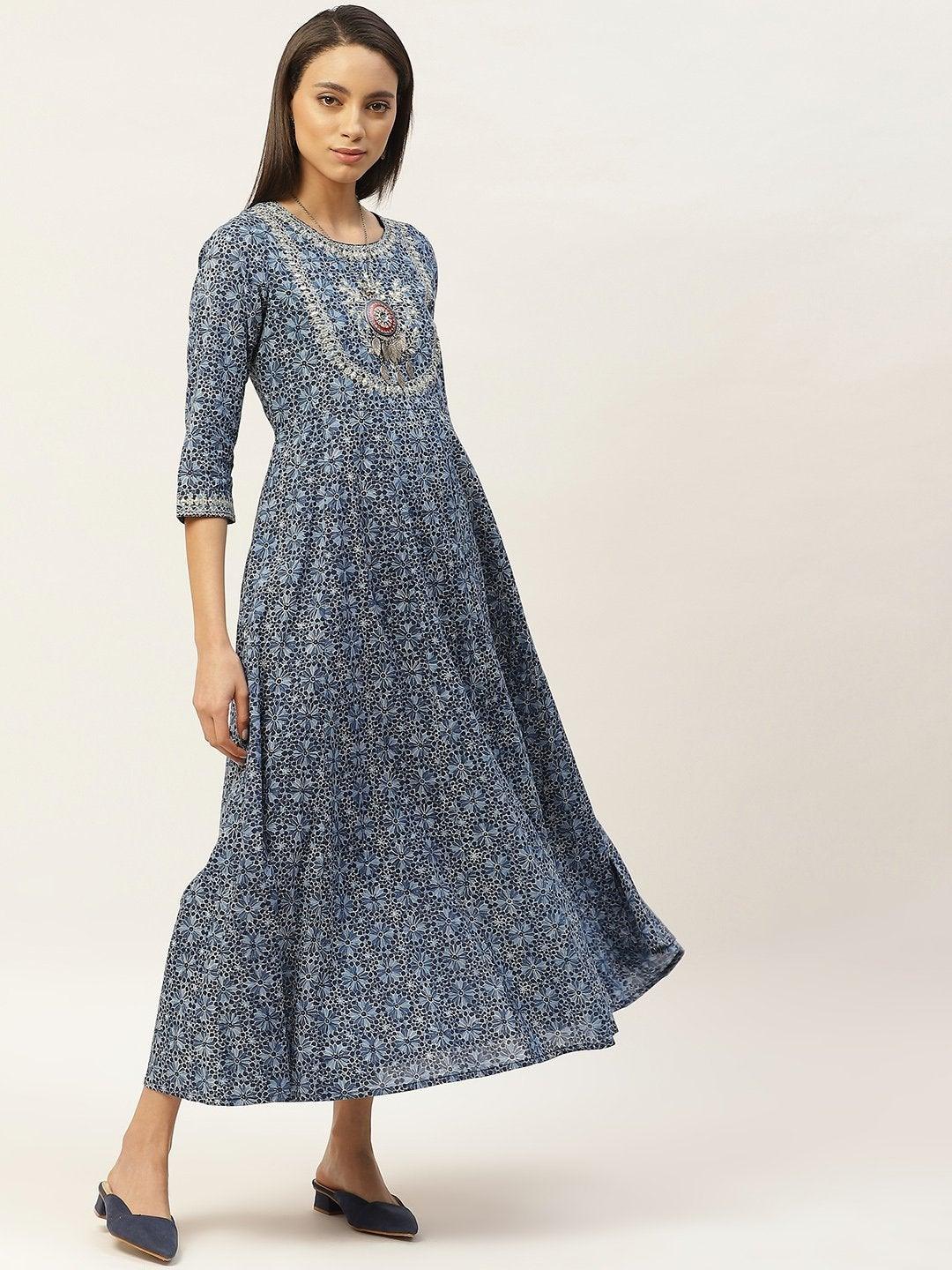 Women's Indigo Floral Zari Embroidery Anarkali Dress - SHAE - Indiakreations