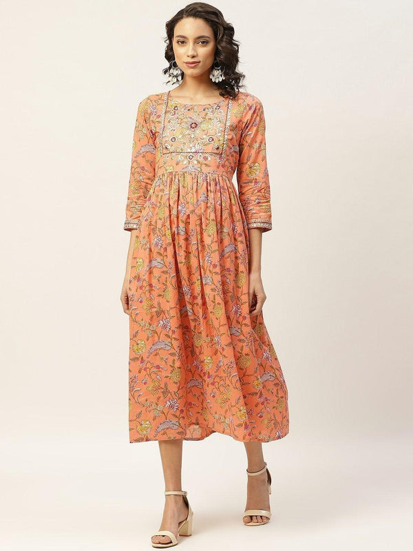 Women's Peach Floral Zari Embroidery Gathered Dress - SASSAFRAS - Indiakreations