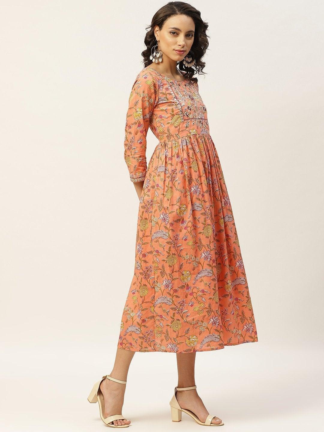 Women's Peach Floral Zari Embroidery Gathered Dress - SASSAFRAS - Indiakreations