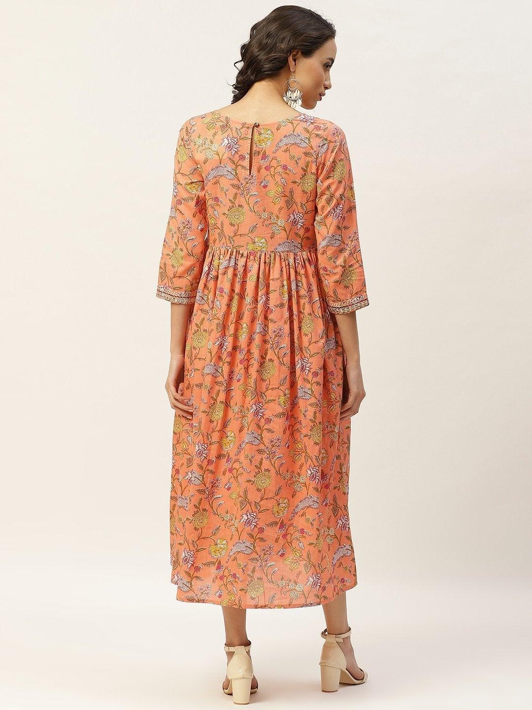 Women's Peach Floral Zari Embroidery Gathered Dress - SASSAFRAS - Indiakreations