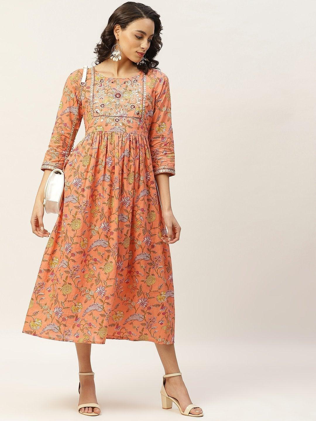 Women's Peach Floral Zari Embroidery Gathered Dress - SASSAFRAS - Indiakreations