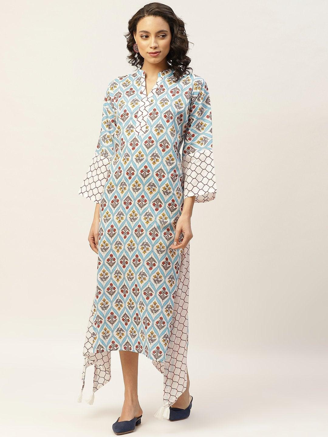 Women's Blue Floral Neck Band Kaftan - SASSAFRAS - Indiakreations