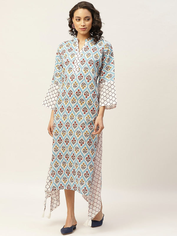 Women's Blue Floral Neck Band Kaftan - SASSAFRAS