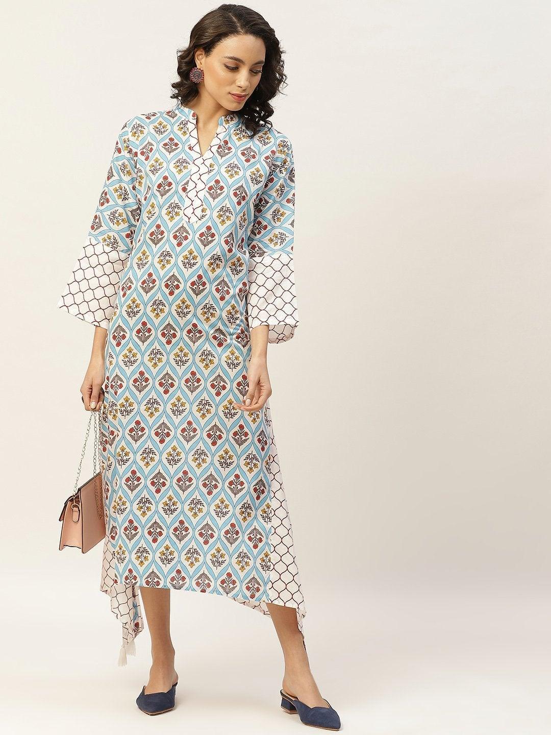 Women's Blue Floral Neck Band Kaftan - SASSAFRAS - Indiakreations