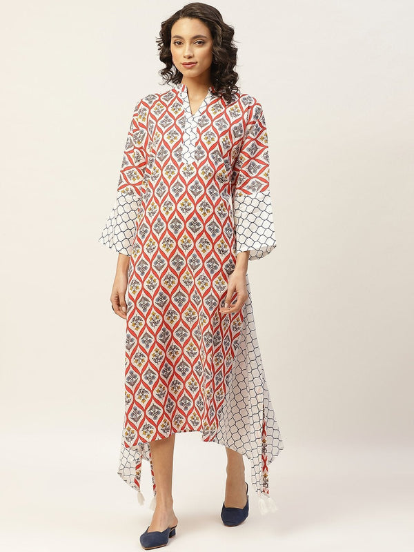 Women's Red Floral Neck Band Kaftan - SASSAFRAS