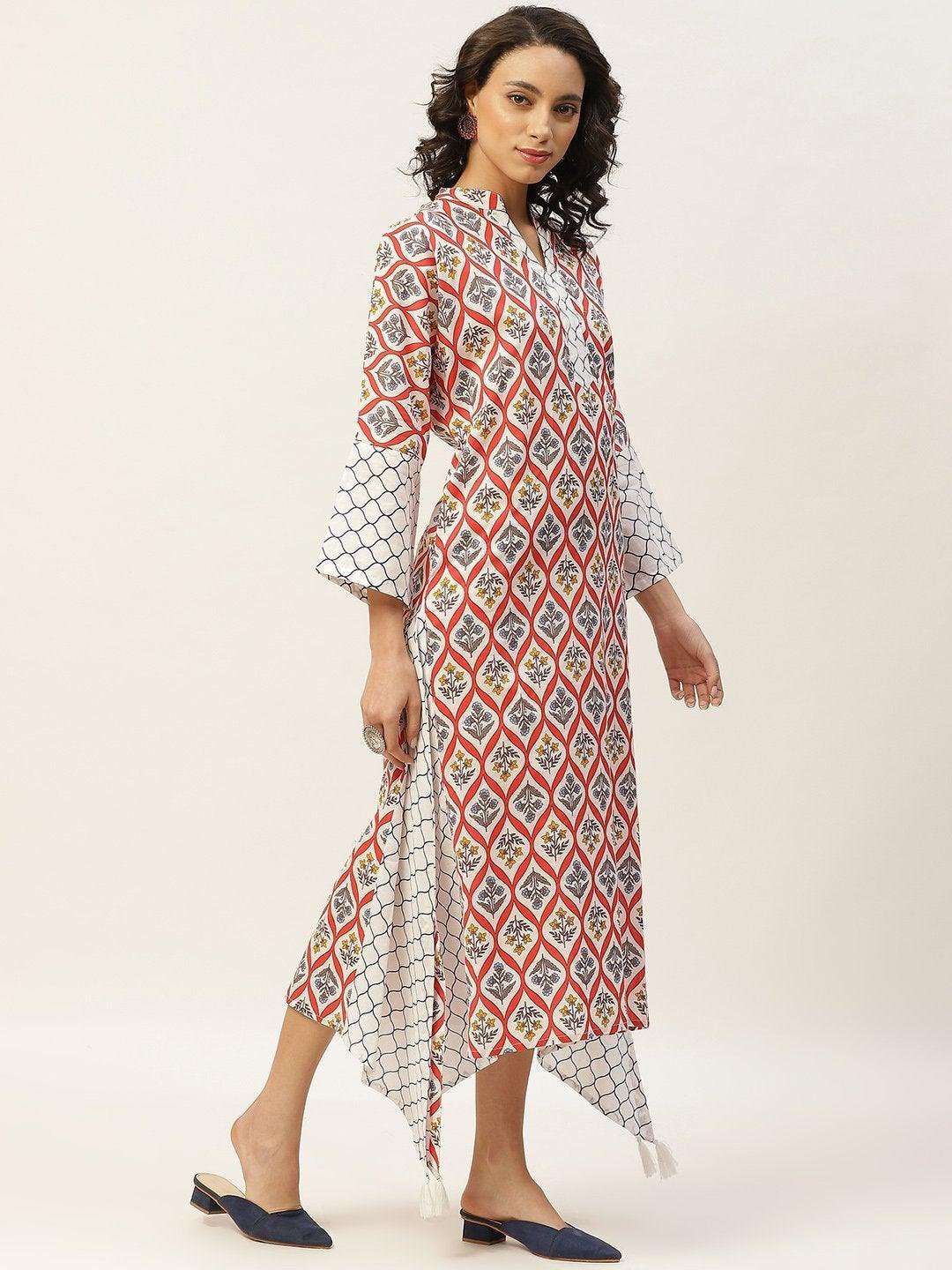 Women's Red Floral Neck Band Kaftan - SASSAFRAS - Indiakreations